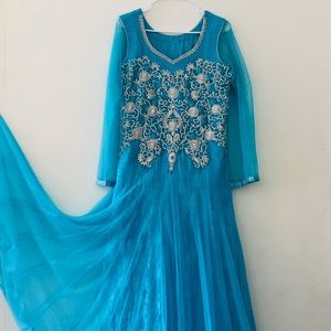 Robin egg blue Anarkali with white gem embroidery